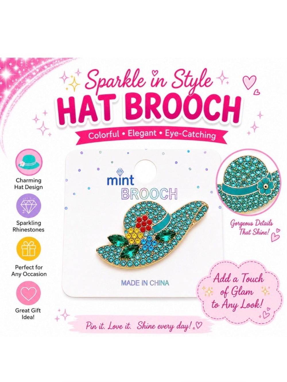 SPARKLE IN STYLE TEAL EMBELLISHED HAT BROOCH
